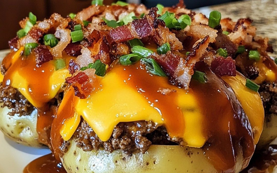 Loaded BBQ Bacon Cheeseburger Potato Volcanos