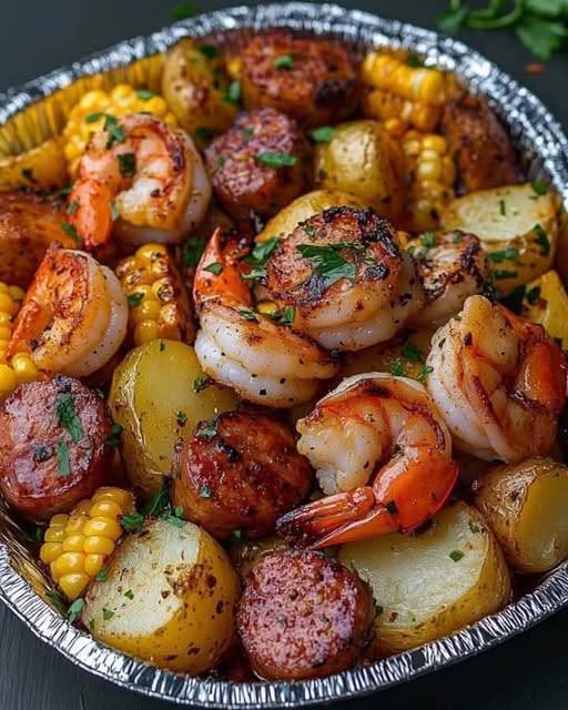 Shrimp, Corn, Potatoes, and Smoked Sausage Foil Pack Recipe