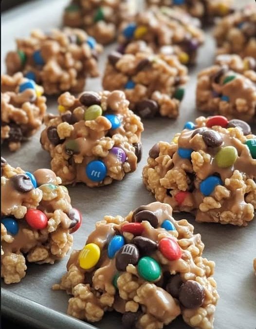 Peanut Butter Rice Krispie Treats with M&M’s and Chocolate Chips